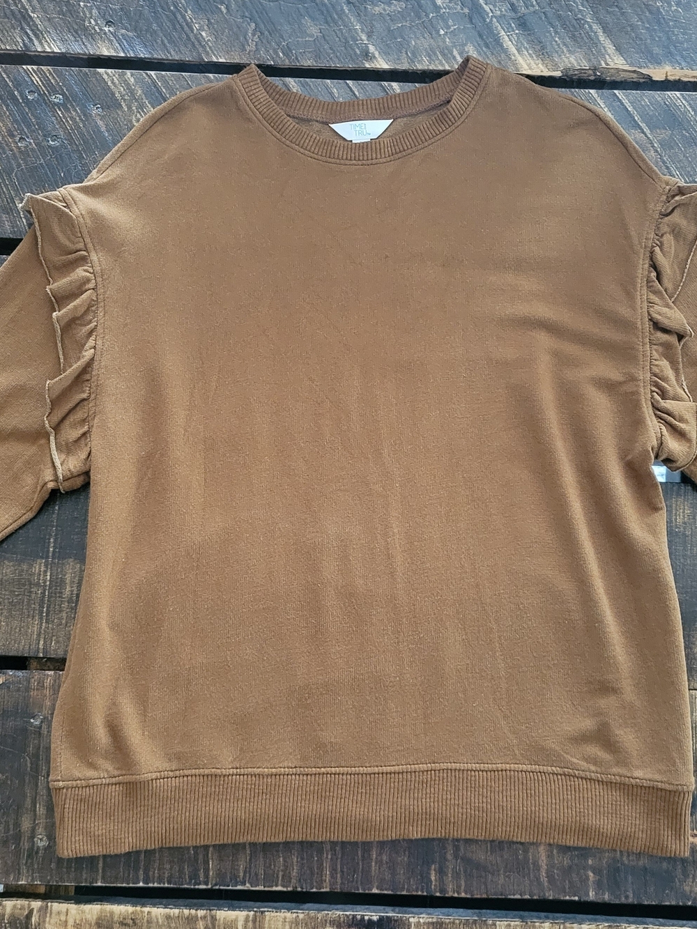 Womans Ruffled Sleeve Crewneck Sweatshirt - Brown Size Medium